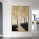 Tableau forêt dorée avec arbres lumineux dorés sur fond beige et noir pour décoration murale contemporaine