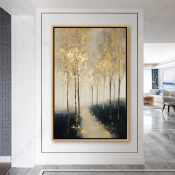 Tableau forêt dorée avec arbres lumineux dorés sur fond beige et noir pour décoration murale contemporaine