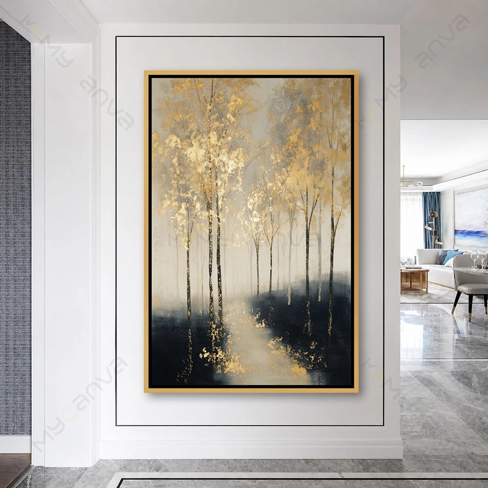 artiab035-S-G Tableau forêt dorée avec arbres lumineux dorés sur fond beige et noir pour décoration murale contemporaine