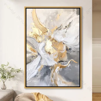 Tableau abstrait doré avec éclats d'or sur fond texturé pour décoration murale moderne chic.