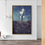 Tableau arbre abstrait avec silhouettes bleues et blanches pour une décoration murale contemporaine chic.