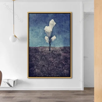 Tableau arbre abstrait avec silhouettes bleues et blanches pour une décoration murale contemporaine chic.