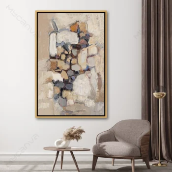 tableau abstrait beige texturé aux tons crème et gris, style contemporain pour décoration murale élégante