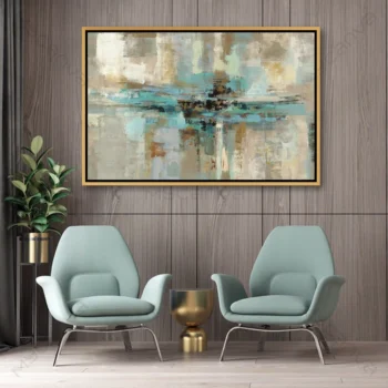 Tableau abstrait turquoise aux nuances beige et grises, style contemporain pour décoration murale moderne