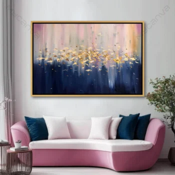 Tableau abstrait doré aux éclats dorés sur fond bleu et violet, style contemporain pour décoration murale élégante