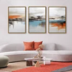 Tableau paysage abstrait bleu blanc orange en triptyque pour décoration murale contemporaine