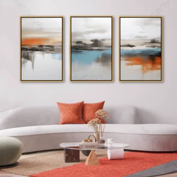 Tableau paysage abstrait bleu blanc orange en triptyque pour décoration murale contemporaine