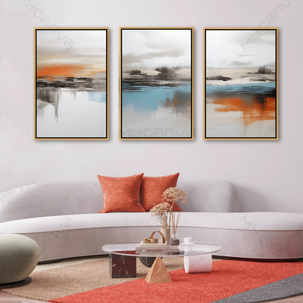 artiab054-S-G Tableau paysage abstrait bleu blanc orange en triptyque pour décoration murale contemporaine