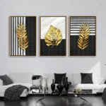 tableau feuille dorée triptyque moderne noir blanc et or pour décoration murale luxe