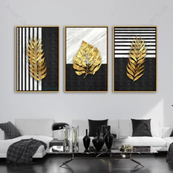 tableau feuille dorée triptyque moderne noir blanc et or pour décoration murale luxe