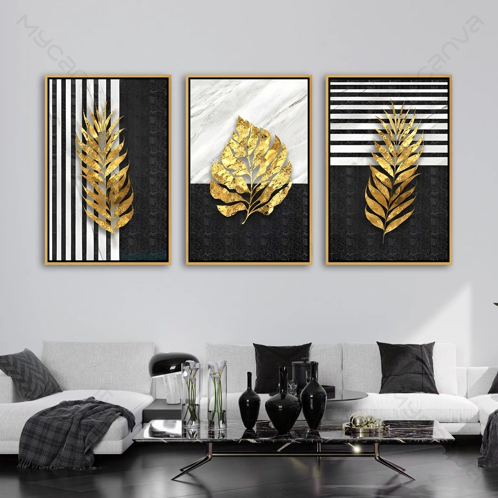 artiab059-S-G tableau feuille dorée triptyque moderne noir blanc et or pour décoration murale luxe