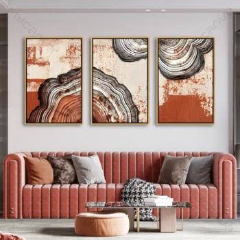 Tableau abstrait relief triptyque moderne aux textures organiques terracotta beige et noir