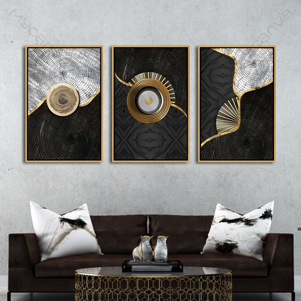 artiab061-S-G tableau abstrait relief triptyque noir blanc et or avec motifs concentriques texturés modernes