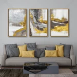 tableau abstrait doré triptyque moderne avec textures blanches grises et finitions or luxe