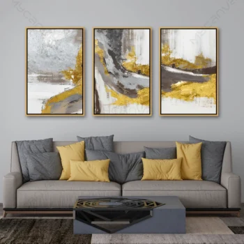 tableau abstrait doré triptyque moderne avec textures blanches grises et finitions or luxe