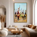 Tableau cheval moderne représentant des cavaliers de fantasia marocaine sur chevaux traditionnels dans un style artistique contemporain