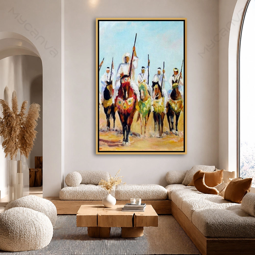 trad002-S-G Tableau cheval moderne représentant des cavaliers de fantasia marocaine sur chevaux traditionnels dans un style artistique contemporain