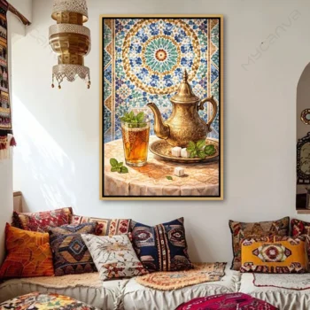 Tableau thé marocain représentant une théière traditionnelle avec verre de thé à la menthe devant un décor de zellige marocain