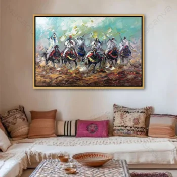 Tableau cheval moderne représentant des cavaliers de fantasia marocaine dans une composition artistique contemporaine