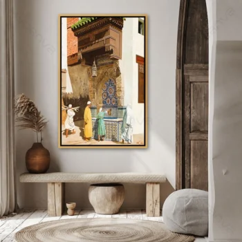 tableau architecture marocaine représentant une fontaine traditionnelle ornée de zelliges dans une scène authentique du patrimoine marocain