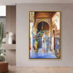 Tableau architecture marocaine représentant une cour traditionnelle avec zelliges, arches sculptées et décoration orientale haut de gamme