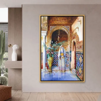 Tableau architecture marocaine représentant une cour traditionnelle avec zelliges, arches sculptées et décoration orientale haut de gamme