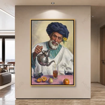 Tableau visage marocain représentant un homme traditionnel servant le thé marocain dans une scène authentique du patrimoine culturel du Maroc