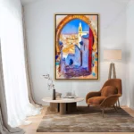 Tableau architecture marocaine représentant une médina traditionnelle vue à travers une arche monumentale avec minaret et ruelles historiques