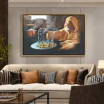 Tableau visage marocain représentant un ancien préparant le thé traditionnel marocain avec une théière et des verres de thé