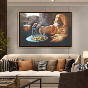 Tableau visage marocain représentant un ancien préparant le thé traditionnel marocain avec une théière et des verres de thé