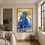 Tableau visage berbère représentant un homme du désert versant le thé traditionnel dans un décor saharien aux tons bleus