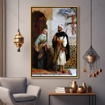 Tableau architecture marocaine représentant La Garde du Palais avec caftan marocain traditionnel et décor oriental raffiné