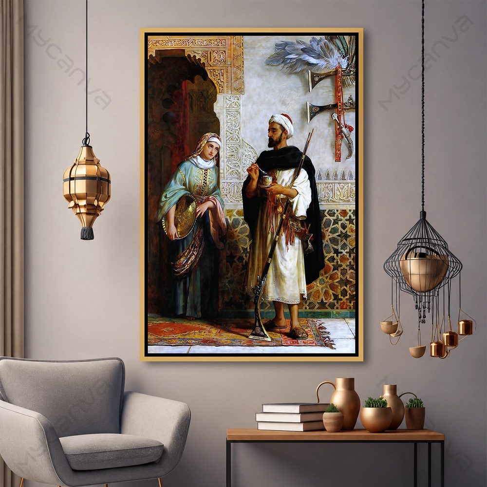 trad016-S-G Tableau architecture marocaine représentant La Garde du Palais avec caftan marocain traditionnel et décor oriental raffiné