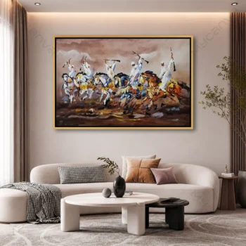 Tableau cheval marocain représentant des cavaliers de fantasia marocaine au galop lors d'une démonstration équestre traditionnelle