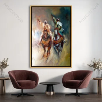 Tableau fantasia marocaine représentant des cavaliers marocains au galop lors d'une tbourida traditionnelle