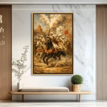 Tableau cheval marocain représentant des cavaliers de fantasia marocaine en pleine charge à cheval