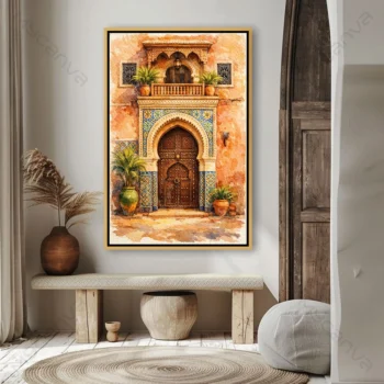 Tableau porte marocaine représentant une façade traditionnelle avec zellige, bois sculpté et architecture marocaine authentique