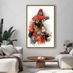 Tableau vendeur marocain représentant un vendeur d’eau traditionnel vêtu d’un costume rouge emblématique du patrimoine marocain
